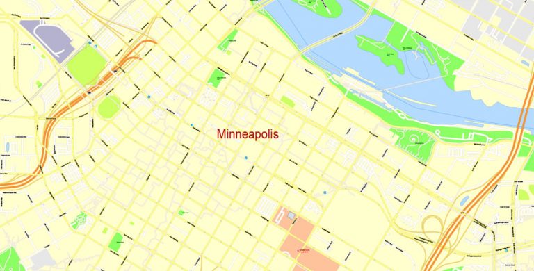 Minneapolis + St. Paul Printable Map, Minnesota US, exact vector Map ...