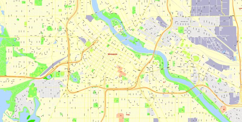 Printable Map Minneapolis + Saint Paul, Minnesota US, exact vector Map street G-View City Plan Level 17 (100 meters scale) full editable, Adobe Illustrator