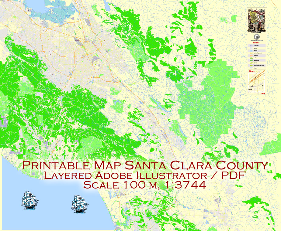 Printable Vector Map Santa Clara County, California US, exact vector Map street G-View City Plan Level 17 (100 meters scale) full editable, Adobe Illustrator