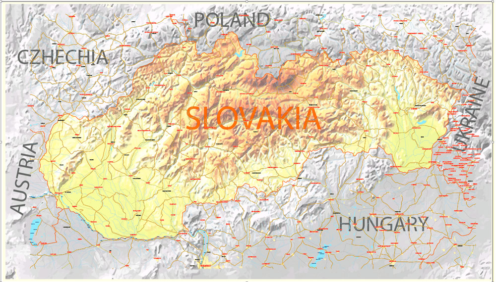 Printable Vector Map Slovakia Country, Relief, Roads and Admin map fully editable Adobe Illustrator
