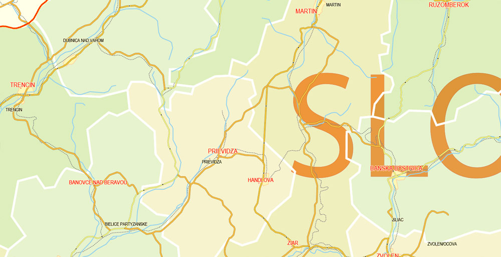 Printable Vector Map Slovakia Country, Relief, Roads and Admin map fully editable Adobe Illustrator
