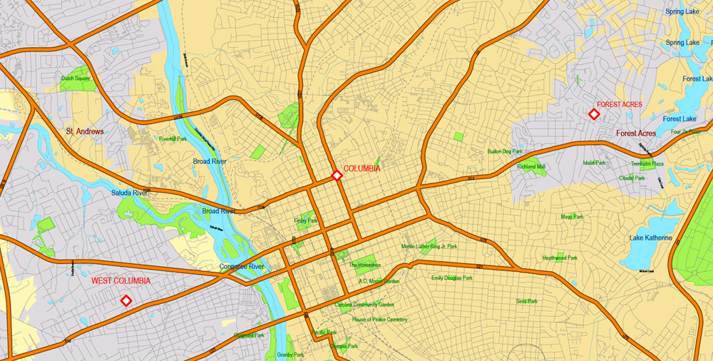 Printable Map South Carolina State, US, exact vector Map Street, Road and Admin Plan, full editable, Adobe Illustrator