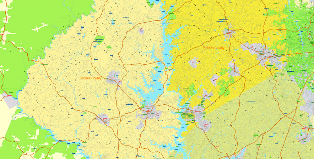 Printable Map South Carolina State, US, exact vector Map Street, Road and Admin Plan, full editable, Adobe Illustrator