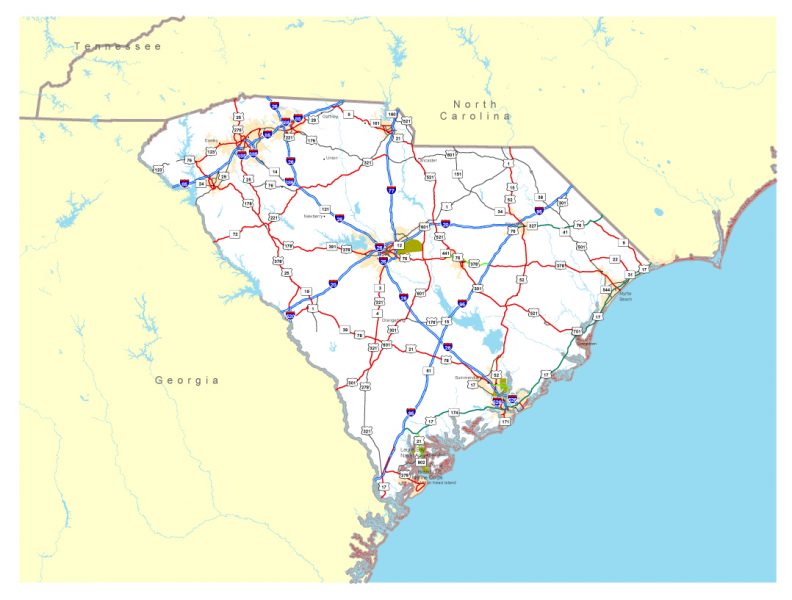 South Carolina State Printable Map, US, exact vector Map Street, Road ...