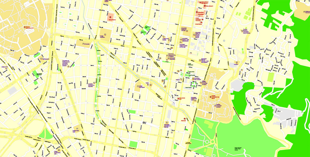 Printable Vector Map Bogota metro area, Colombia, exact vector Map street G-View City Plan Level 17 (100 meters scale) full editable, Adobe Illustrator