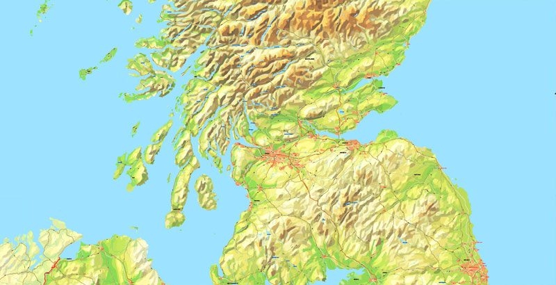 Printable Map UK + Full Ireland, exact vector relief road map, full editable, Layered Adobe Illustrator