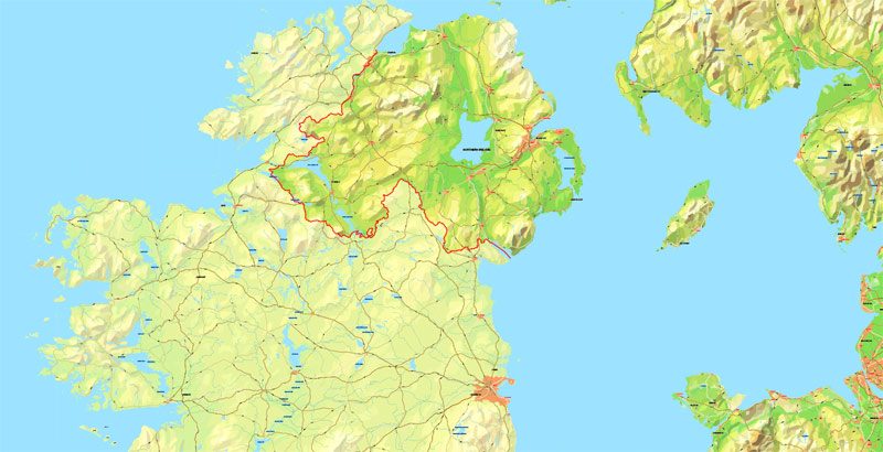 UK Great Britain + Full Ireland Printable Map 01 exact vector relief road map, full editable, Layered Adobe Illustrator
