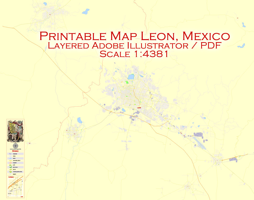 Printable Map Leon, Mexico exact vector Map street G-View City Plan Level 17 (100 meters scale) full editable, Adobe Illustrator