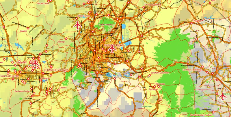 Printable Relief Map Full Mexico exact vector Topo Roads Admin Ports Airports, full editable, Adobe Illustrator