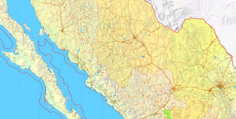 Mexico Country Printable PDF Map Relief exact vector 01 Topo Roads ...
