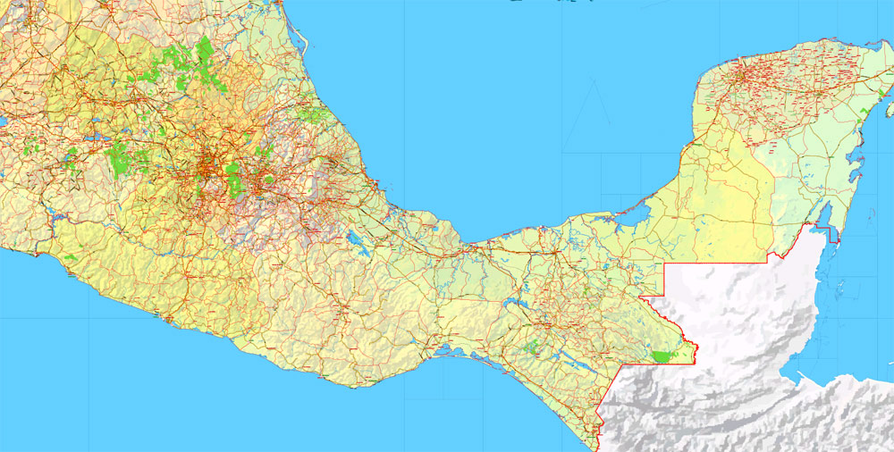 Mexico Country Printable Map 01 Relief exact vector Topo Roads Admin Ports Airports, full editable, Adobe Illustrator in Layers