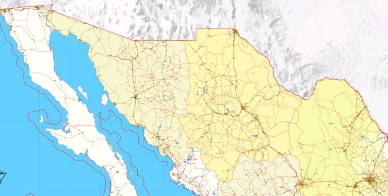 Printable Relief Map Full Mexico exact vector Topo Roads Admin Ports Airports, full editable, Adobe Illustrator