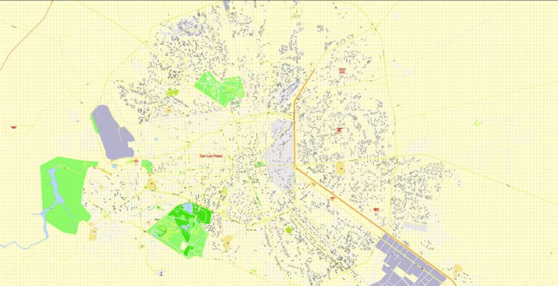 San Luis Potosi Printable Map, Mexico exact vector Map street G-View City Plan Level 17 (100 meters scale)  full editable, Adobe Illustrator