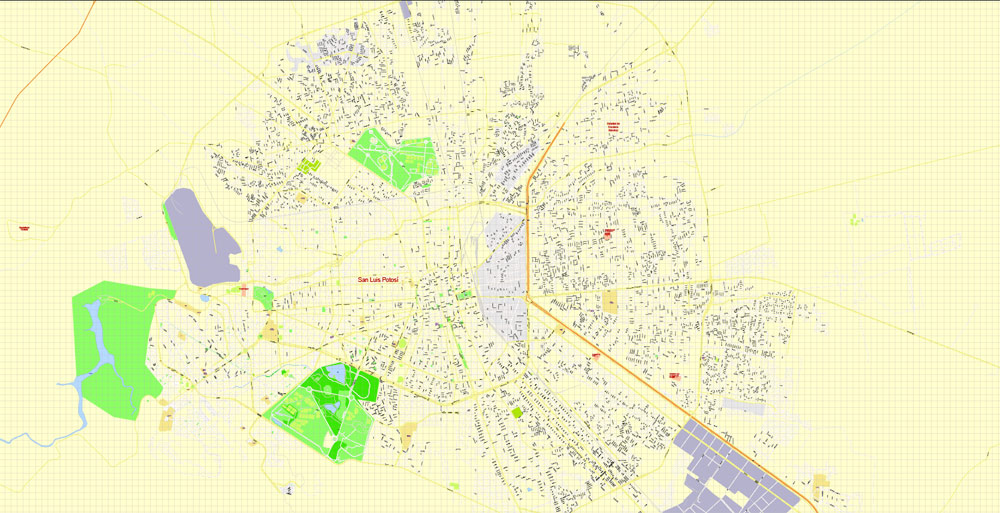 San Luis Potosi Printable PDF Map, Mexico exact vector Map street G-View City Plan Level 17 (100 meters scale)  full editable, Adobe PDF