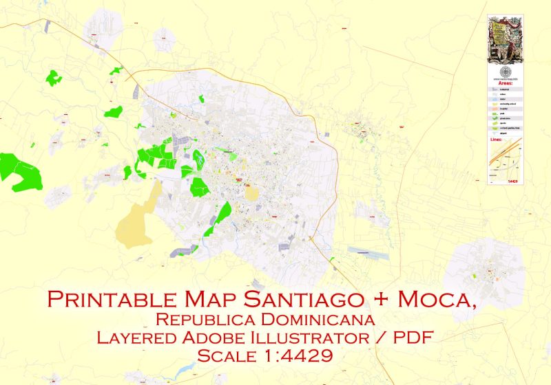 Printable Map Santiago, Republica Dominicana exact vector Map street G-View City Plan Level 17 (100 meters scale) full editable, Adobe Illustrator