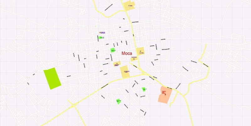 Printable Map Santiago + Moca, Republica Dominicana exact vector Map street G-View City Plan Level 17 (100 meters scale) full editable, Adobe Illustrator