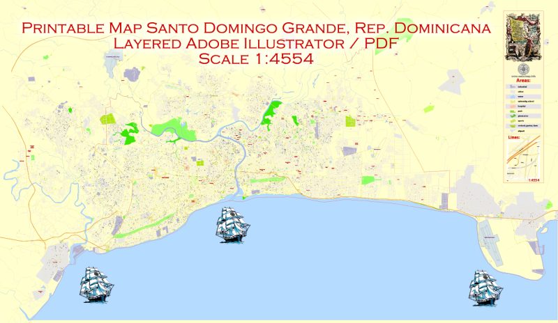 Printable Map Santo Domingo, Republica Dominicana exact vector Map street G-View City Plan Level 17 (100 meters scale) full editable, Adobe Illustrator