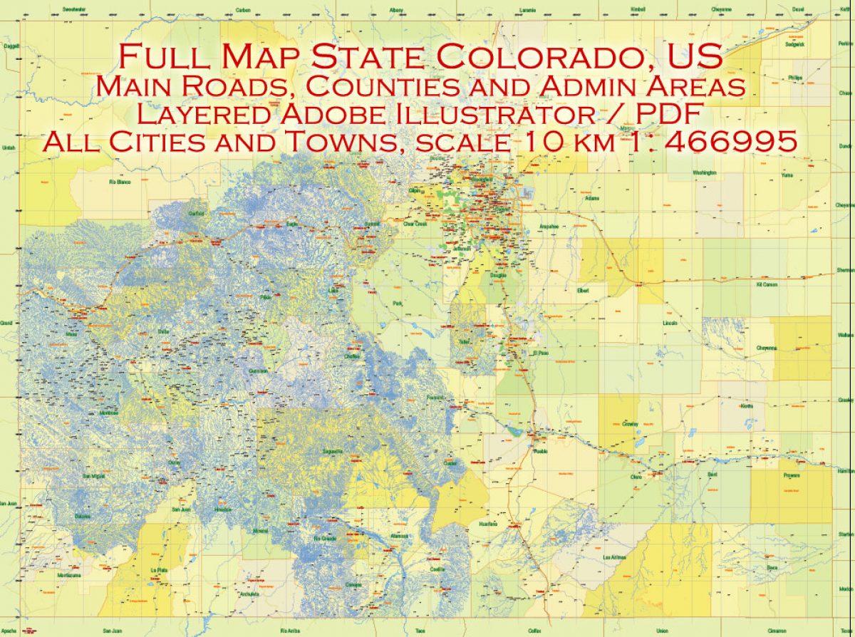 Map Colorado Us Pdf Detailed Exact Vector Editable Printable 10 Km Scale