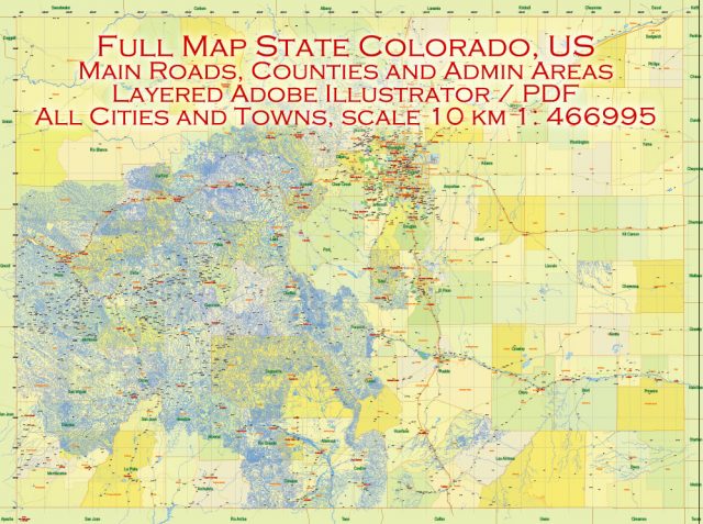 Colorado US PDF Vector Map Main Roads detailed exact vector State