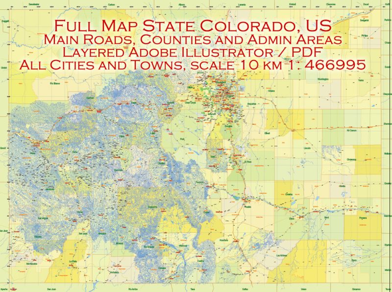 Printable Vector Map Full State of Colorado US, MAIN ROADS, detailed, exact vector Map 10 km scale full editable, Adobe Illustrator