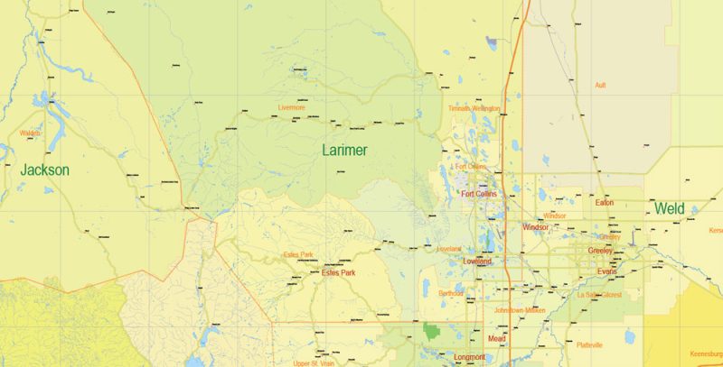 Printable Vector Map Full State of Colorado US, MAIN ROADS, detailed, exact vector Map 10 km scale full editable, Adobe Illustrator