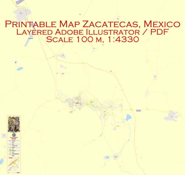 Printable Map Zacatecas, Mexico exact vector Map street G-View City Plan Level 17 (100 meters scale) full editable, Adobe Illustrator