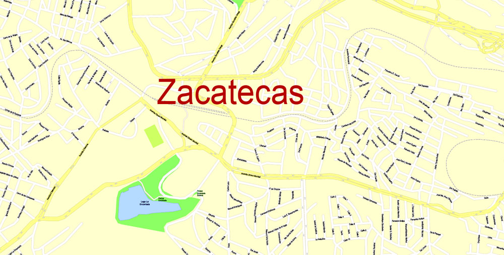 Printable Map Zacatecas, Mexico exact vector Map street G-View City Plan Level 17 (100 meters scale) full editable, Adobe Illustrator