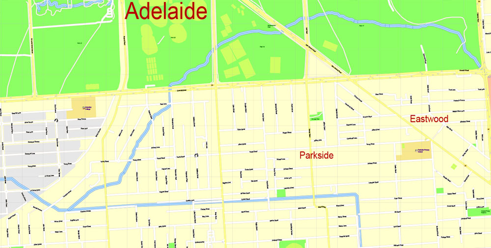 Adelaide Metro Area, Australia, Printable vector street map, fully editable, Adobe Illustrator, 100 meters scale, full vector, scalable, editable, text format of street names, 26 Mb ZIP.