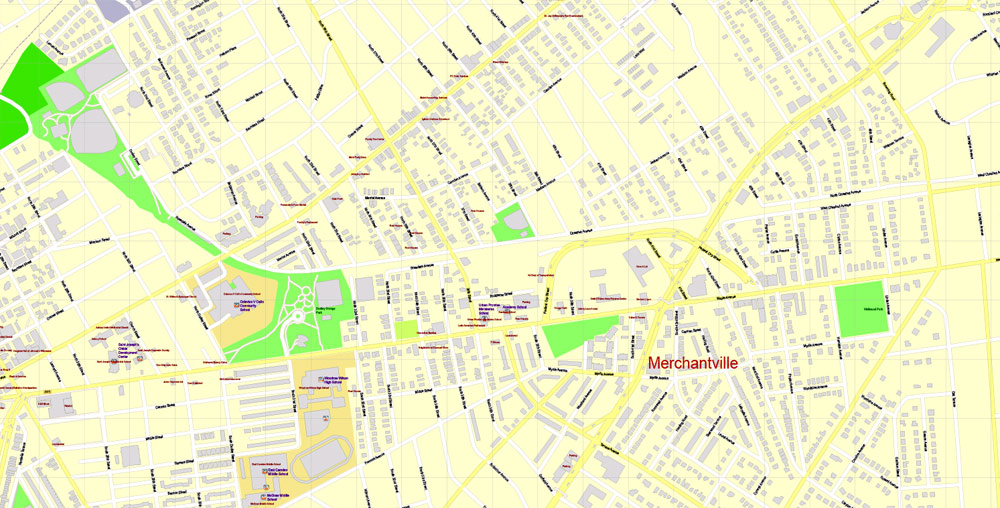 Printable Map Camden and neighborhoods, New Jersey US, exact vector City Plan Map street G-View Level 17 (100 meters scale 1:3602) full editable, Adobe Illustrator