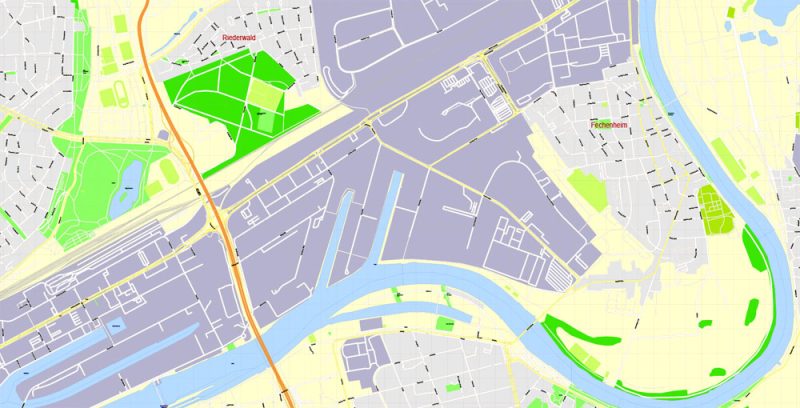 Printable Vector Map Frankfurt Am Main Metro Area, Germany, G-View level 17 (100 m scale) street City Plan map, full editable, Adobe Illustrator