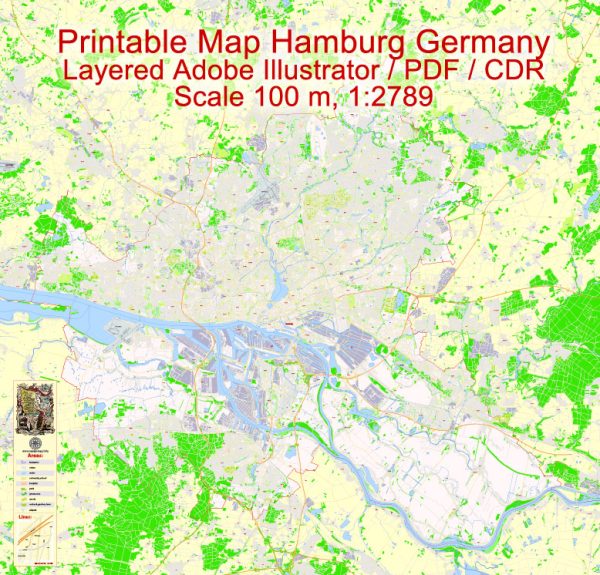 Printable Vector Map Hamburg Metro Area, Germany, G-View level 17 (100 m scale) street City Plan map, full editable, Adobe Illustrator