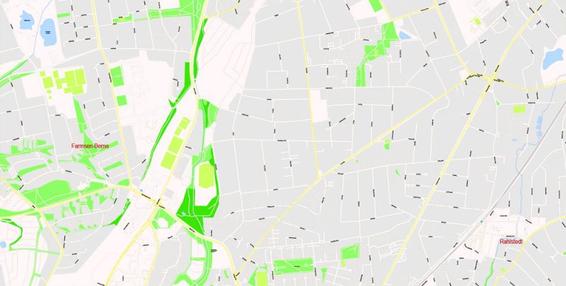 Printable Vector Map Hamburg Metro Area, Germany, G-View level 17 (100 m scale) street City Plan map, full editable, Adobe Illustrator