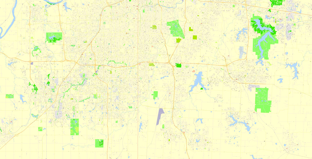 Printable Vector Map Kansas City metro area, Kansas Missouri US, exact vector Map street G-View City Plan Level 17 (100 meters scale) full editable, Adobe Illustrator