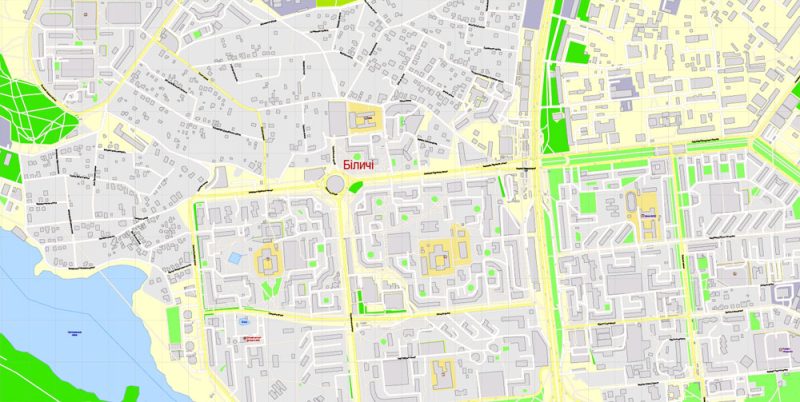 Printable Map Kiev Metro Area, Ukraine, exact vector street G-View Level 17map (100 meters scale, 1:2990), all buildings, full editable, Adobe Illustrator