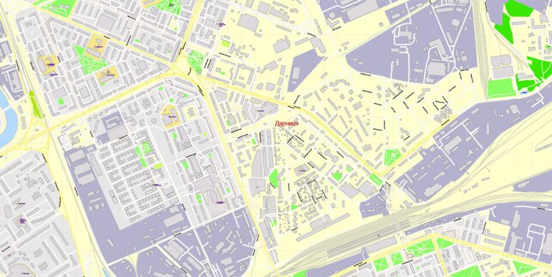 Printable Map Kiev Metro Area, Ukraine, exact vector street G-View Level 17map (100 meters scale, 1:2990), all buildings, full editable, Adobe Illustrator