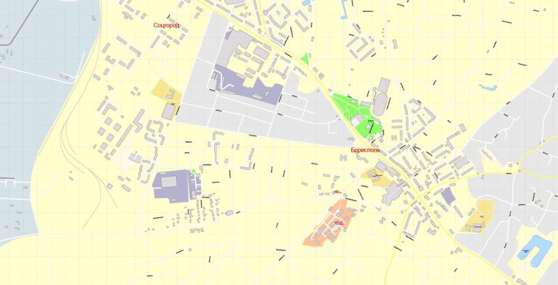 Printable Map Kiev Metro Area, Ukraine, exact vector street G-View Level 17 map (100 meters scale, 1:2990) Russian lg., all buildings, full editable, Adobe Illustrator