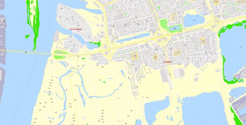 Printable Map Kiev Metro Area, Ukraine, exact vector street G-View Level 17 map (100 meters scale, 1:2990) Russian lg., all buildings, full editable, Adobe Illustrator