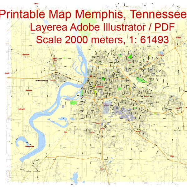 Printable Map Memphis, Tennessee US, exact vector City Plan Map street G-View Level 13 (2000 meters scale) full editable, Adobe Illustrator