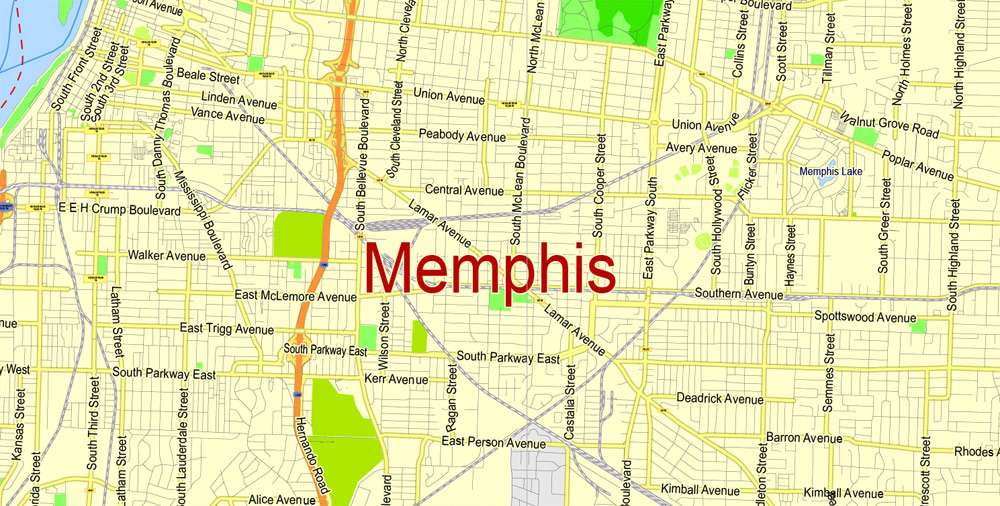 Memphis Free Printable Map Memphis, Tennessee US, exact vector City