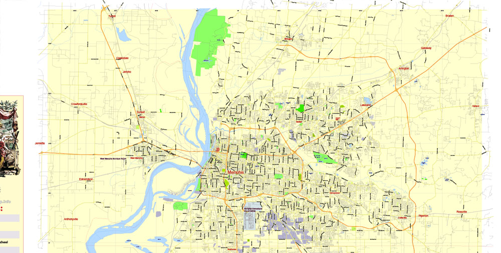 Printable Map Memphis, Tennessee US, exact vector City Plan Map street G-View Level 13 (2000 meters scale) full editable, Adobe Illustrator