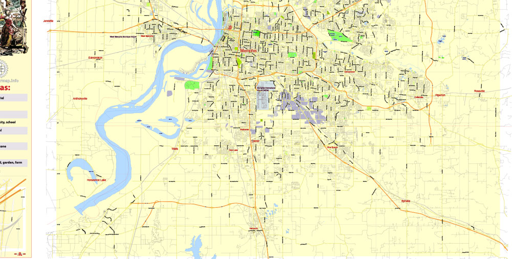 Memphis Map Editable PDF, Tennessee US, exact vector City Plan Adobe PDF Street Map