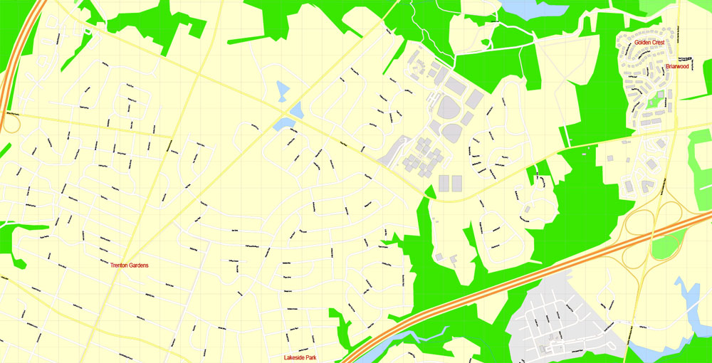 Printable Map Trenton and neighborhoods, New Jersey US, exact vector City Plan Map street G-View Level 17 (100 meters scale 1:3587) full editable, Adobe Illustrator