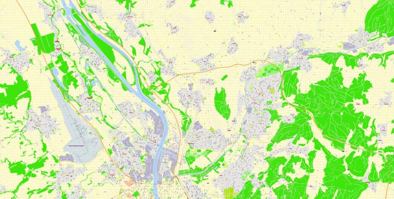 Printable Map Basel Switzerland, exact vector street G-View Level 17 map (100 meters scale, 1:3170), all buildings, full editable, Adobe Illustrator