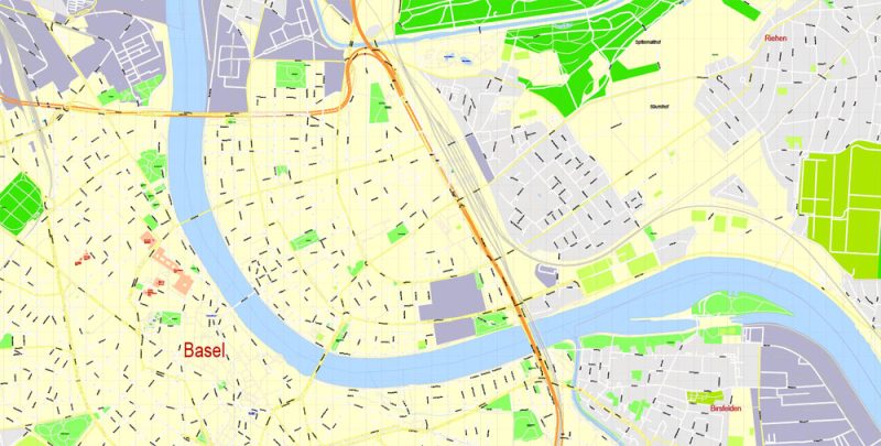 Printable Map Basel Switzerland, exact vector street G-View Level 17 map (100 meters scale, 1:3170), all buildings, full editable, Adobe Illustrator