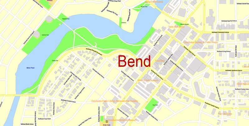 Printable Map Bend Oregon US, exact vector City Plan Map street G-View Level 17 (100 meters scale 1:3375) full editable, Adobe Illustrator