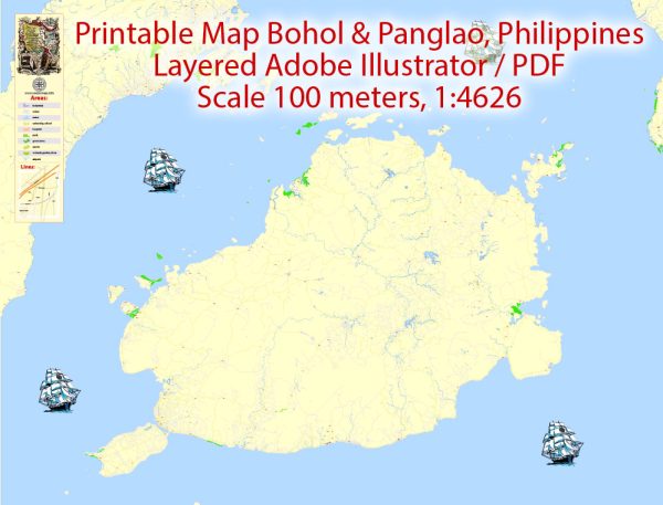 Printable Map Bohol and Panglao Philippines, exact vector City Plan Map street G-View Level 17 (100 meters scale 1:4626) full editable, Adobe Illustrator