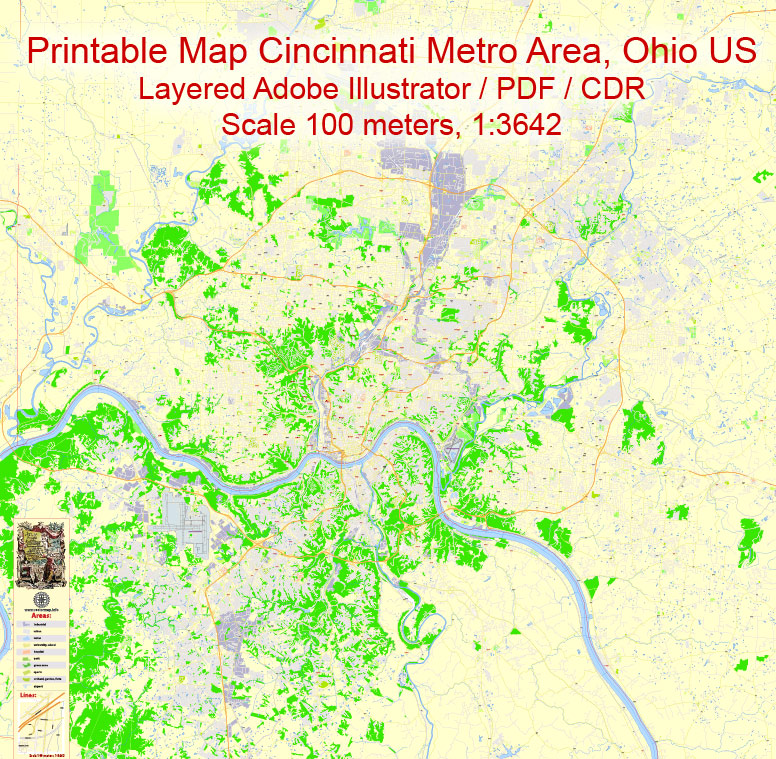 Cincinnati Printable Map Ohio US exact vector City Plan scale 1:3642 editable Street Map Adobe Illustrator