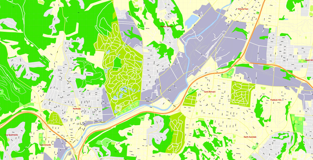 Printable Map Cincinnati Ohio US, exact vector City Plan Map street G-View Level 17 (100 meters scale 1:3642) full editable, Adobe Illustrator