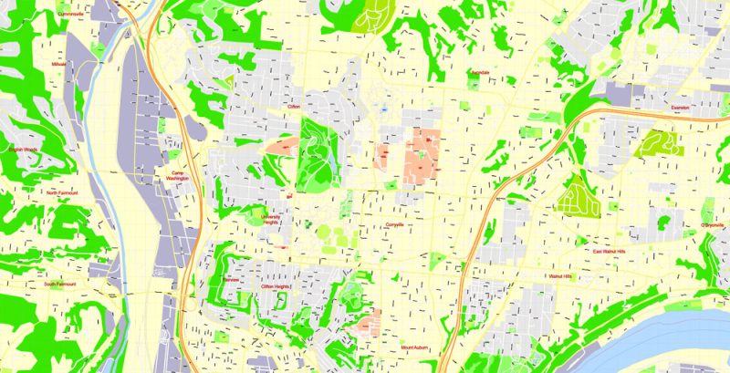 Printable Map Cincinnati Ohio US, exact vector City Plan Map street G-View Level 17 (100 meters scale 1:3642) full editable, Adobe Illustrator
