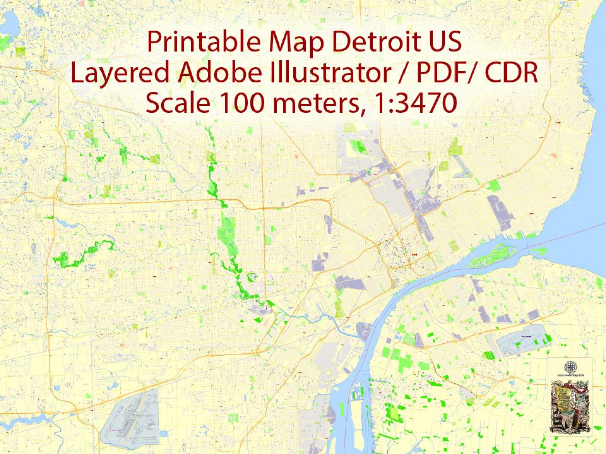 Printable Map Detroit Michigan Us Exact Vector City Plan Map Illustrator